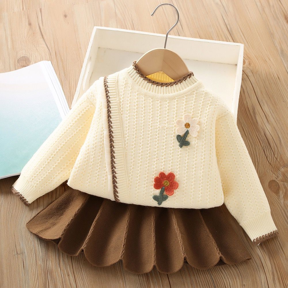 Girls Knitted Skirt Flower Sweater Co Ord Set