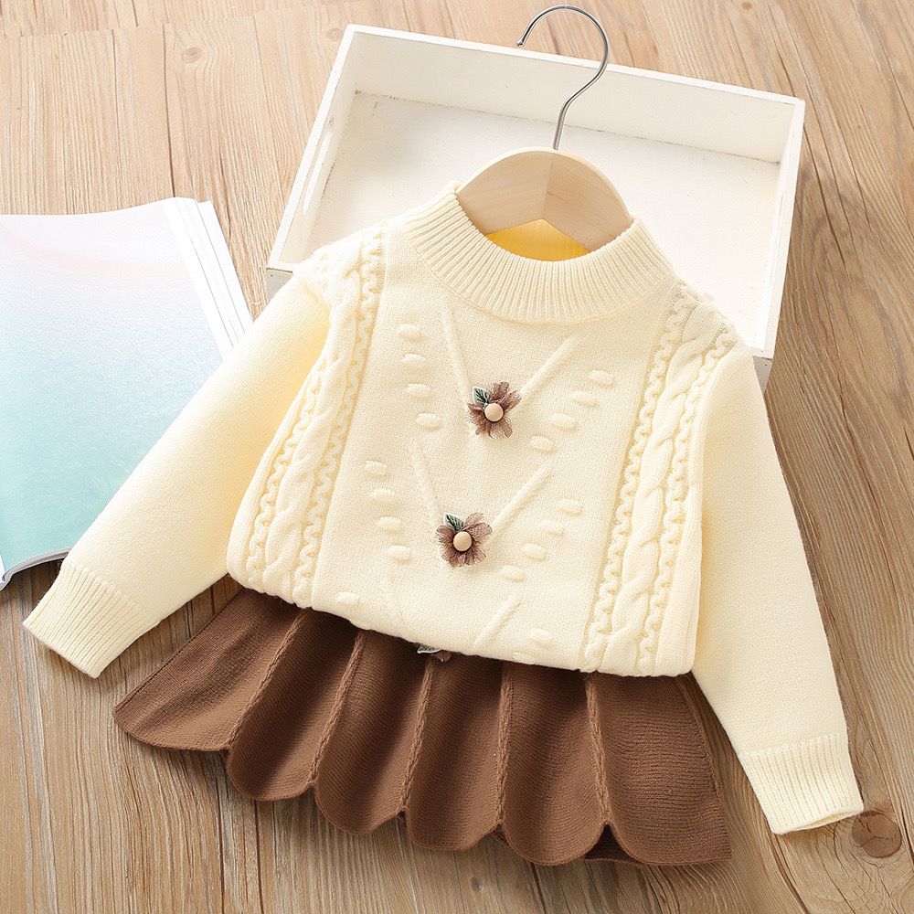 Girls Knitted Skirt &amp; Flowry Sweater Co-Ord Set