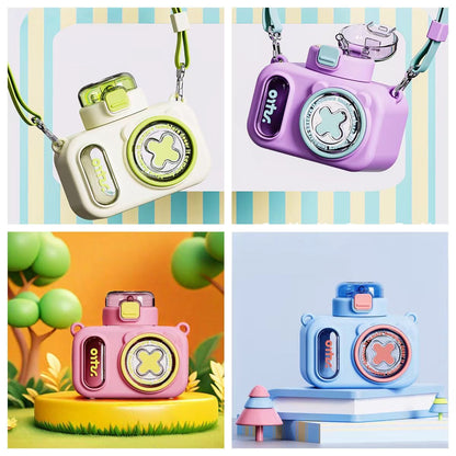 The Little Bunny Camera Shape Kids Sipper Bottle with Straw &amp; Carry Strap | Leakproof BPA-Free Water Bottle | Purple | 600 ml