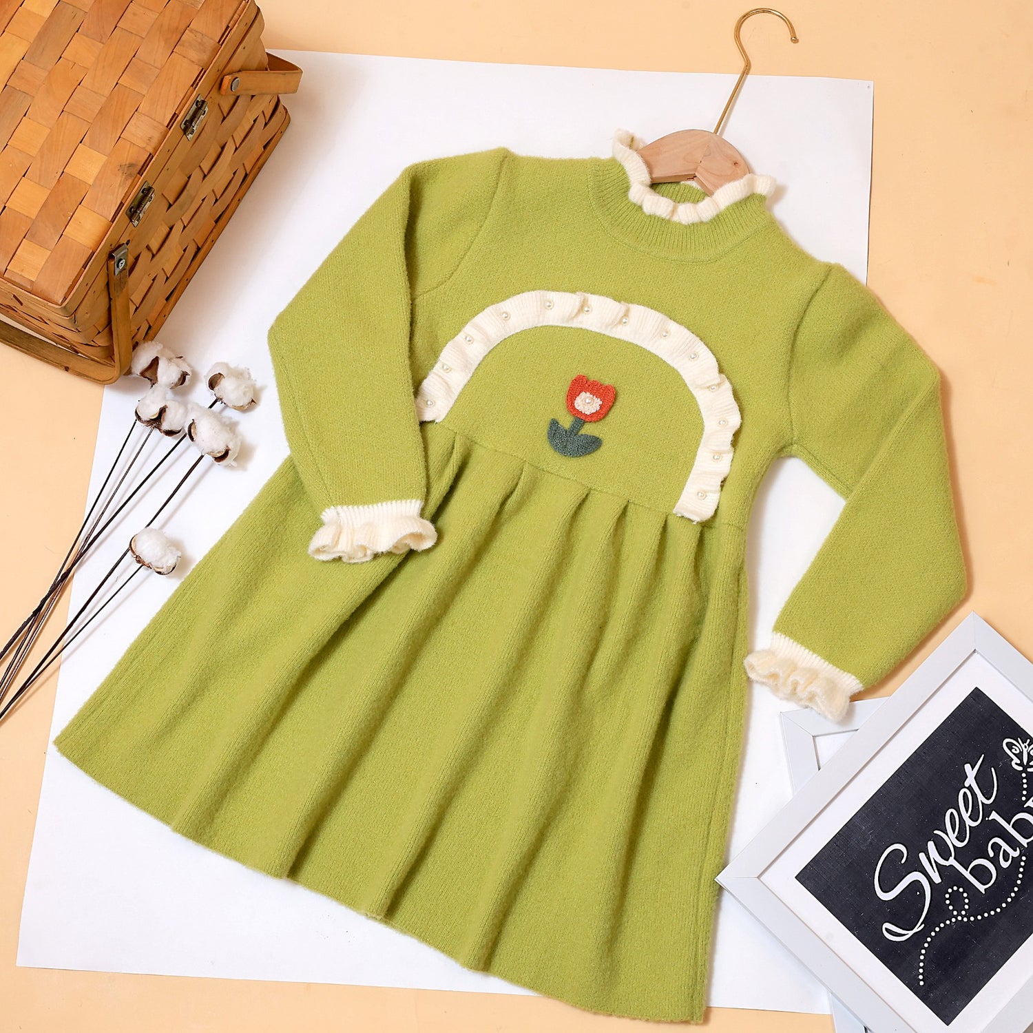 Girls soft wollen frock with flower