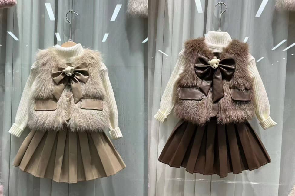 Girls fur jacket skirt set with bow