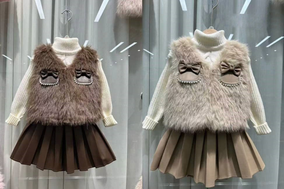 Girls cute fur jacket skirt set