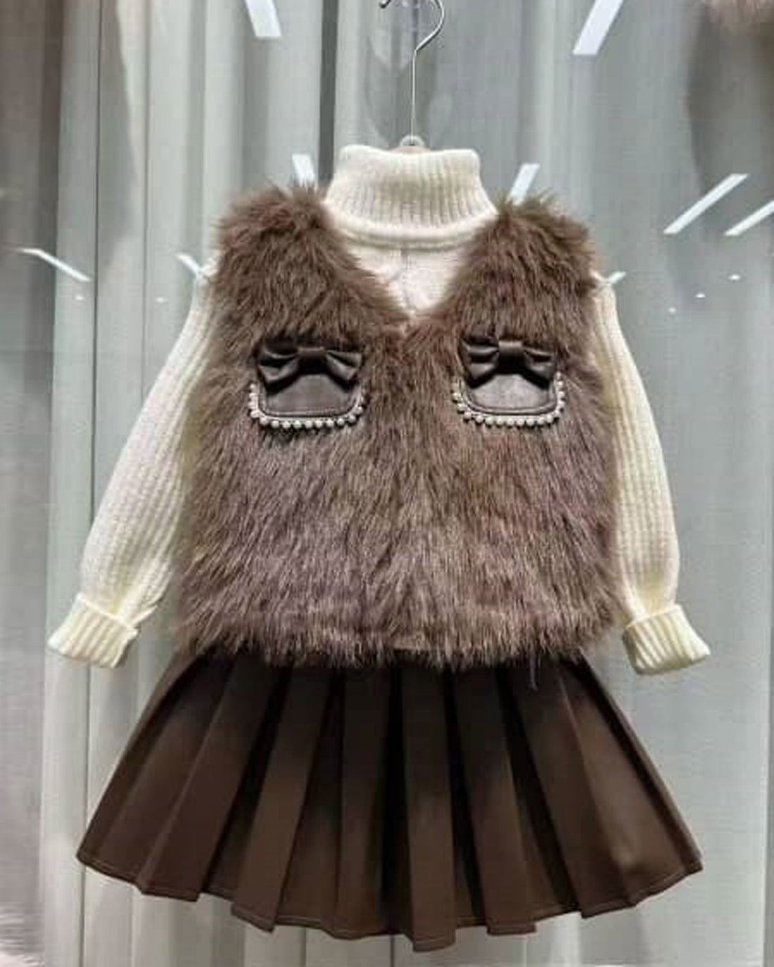 Girls cute fur jacket skirt set