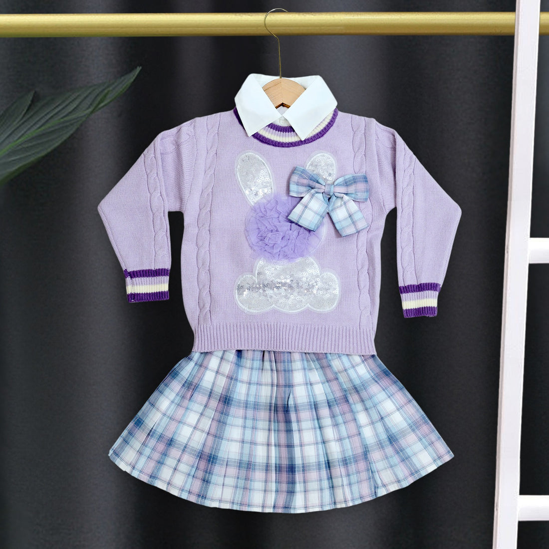 Girls checkered skirt set with shirt and Bow