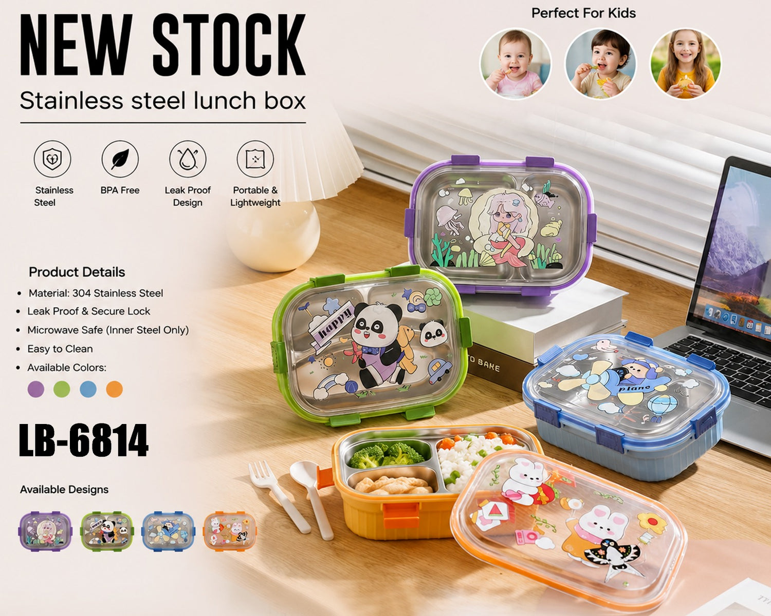Kids 1000ml Stainless Steel 3-Compartment Lunch Box with Cute Printed Lid &amp; Secure Locks