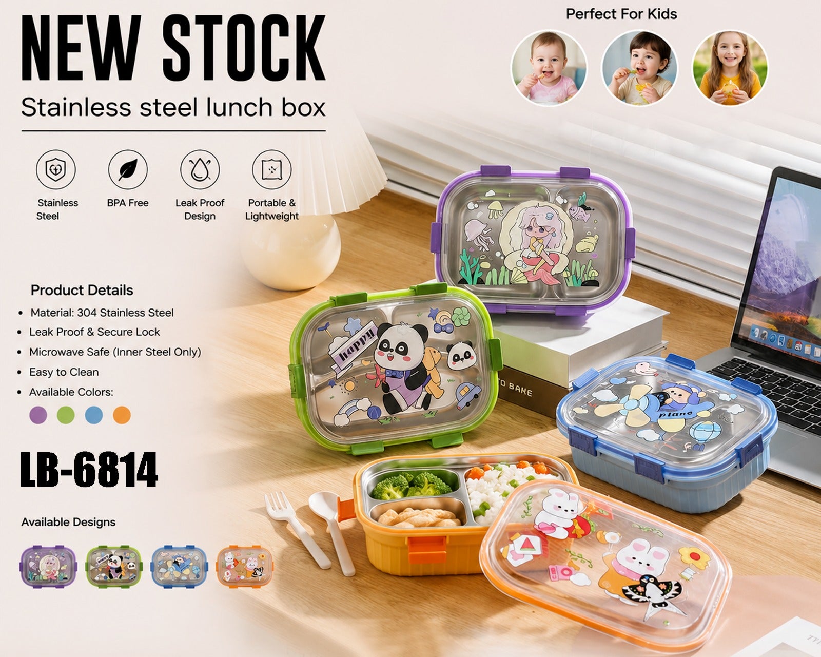 Kids 1000ml Stainless Steel 3-Compartment Lunch Box with Cute Printed Lid &amp; Secure Locks