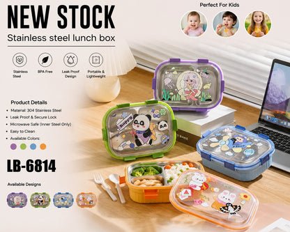 Kids 1000ml Stainless Steel 3-Compartment Lunch Box with Cute Printed Lid &amp; Secure Locks
