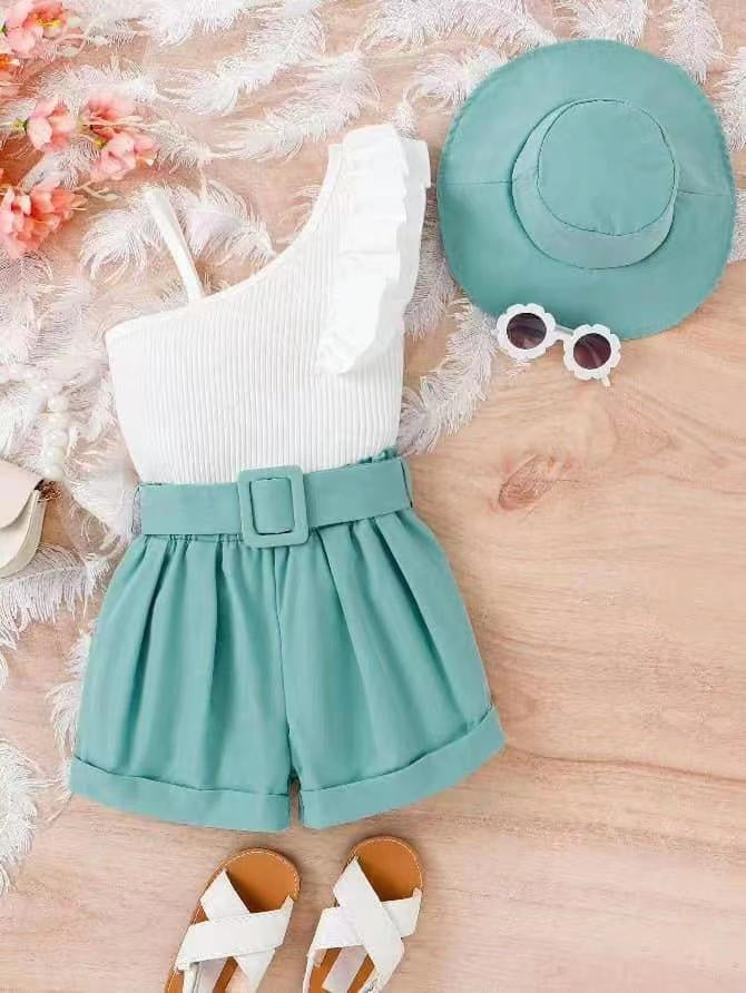 Girls Asymmetrical Neck Ruffle trim Top &amp; Belted Shorts &amp; Hat